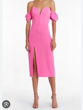 Amanda Uprichard Hot Pink Off-Shoulder Midi Dress with Front Slit
